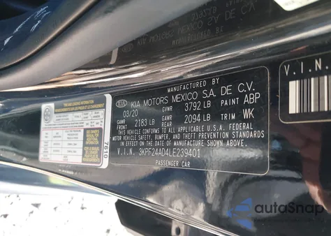 2020 Kia Forte Lxs from USA, damaged, VIN 3KPF24AD4LE239401